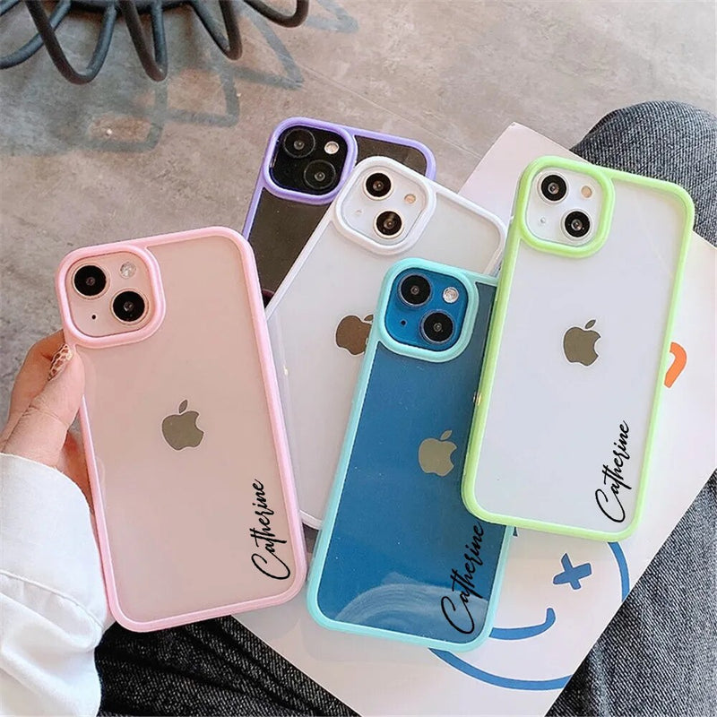 Capinha iPhone Transparente Personalizada Com Nome Borda Colorida